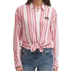 Karl Lagerfeld Paris Emoji Patch Striped Button Down Shirt Berry/White Size XL